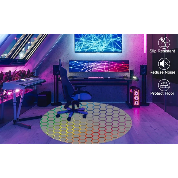 IRIS GAMER RAINBOW HEXAGON 120cm átmérőjű, 2mm vastag, hatszög mintás kerek padlóvédő székalátét