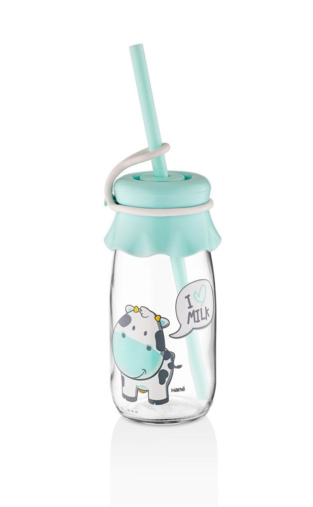 IRIS Milkie Milk üveg tejes palack szívószállal 250ml, rózsaszín vagy menta színű HN-1764