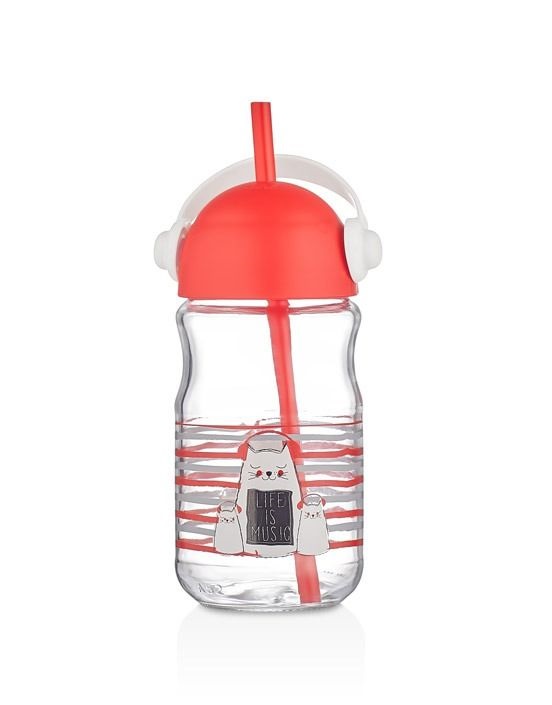 IRIS Music üveg italos palack szívószállal 370ml, piros vagy sárga színben HN-1752