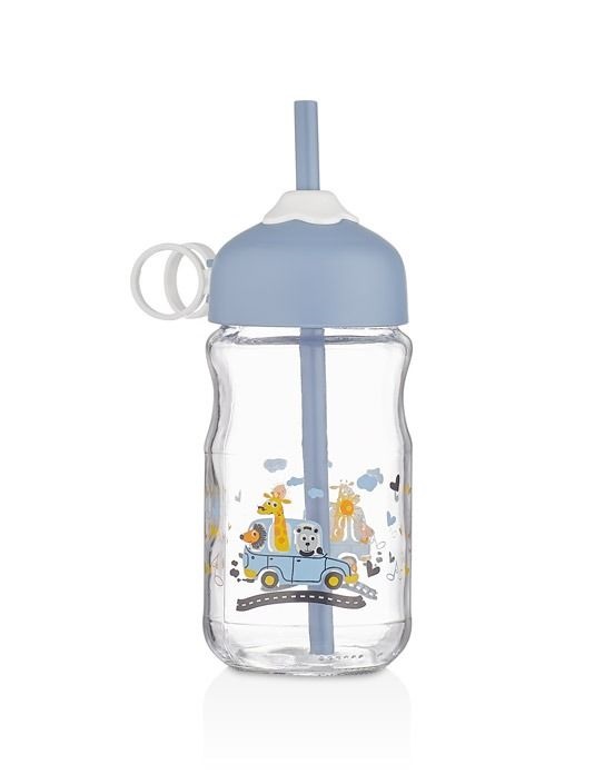 IRIS Petite üveg italos palack szívószállal 370ml, piros vagy kék színben HN-1751