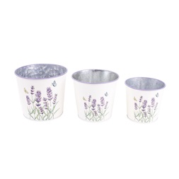 IRIS bádog kaspó, 3 darabos szett, levendula mintás, fehér 15-11,5 cm