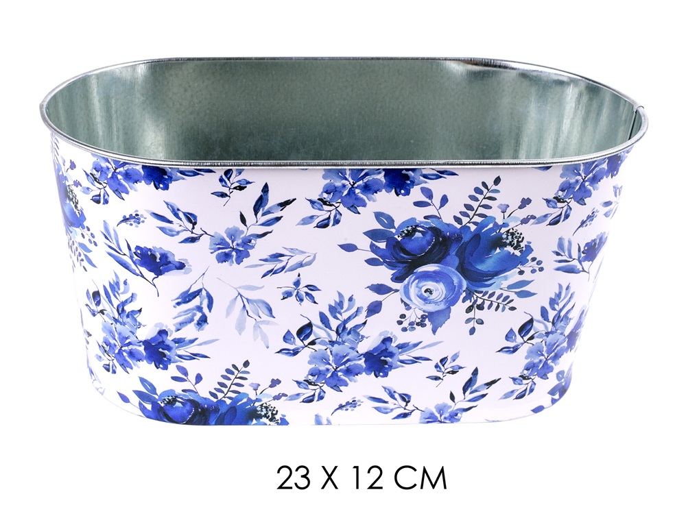 IRIS bádog kaspó ovál kék virág 23x12cm