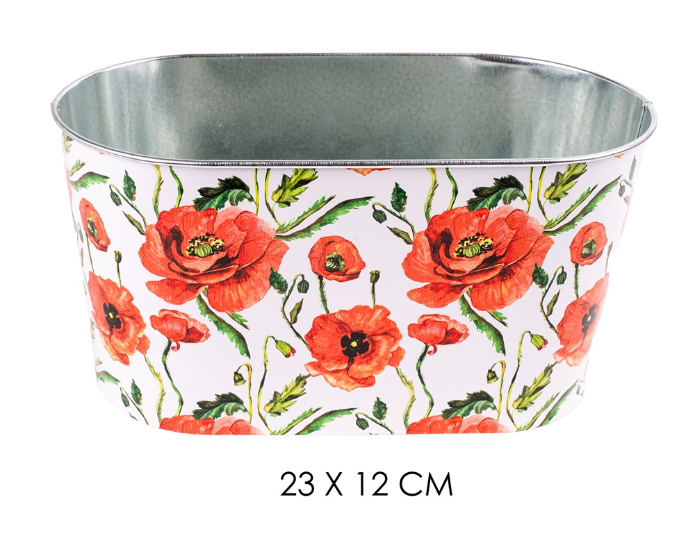 IRIS bádog kaspó ovál pir pipacs 23x12cm