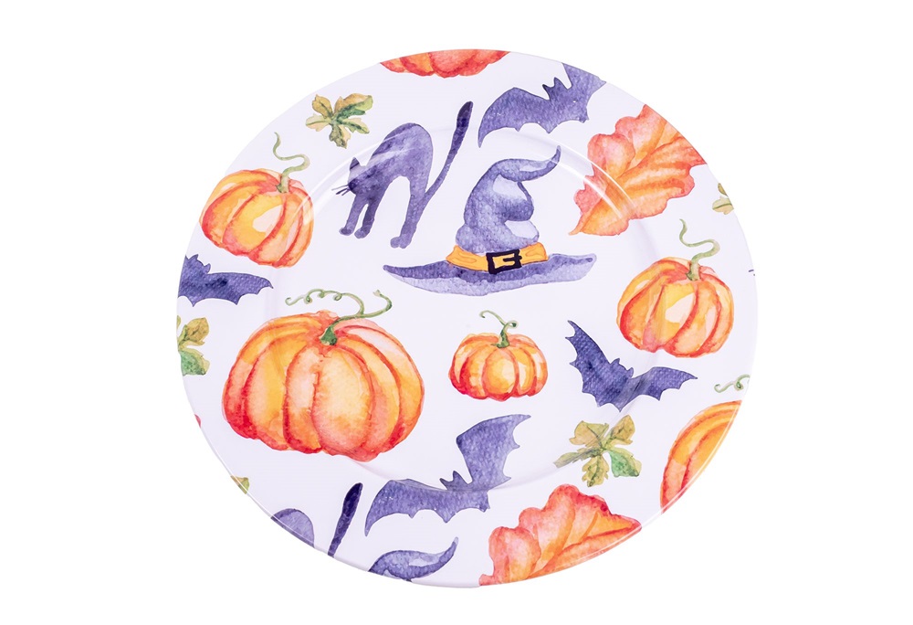 IRIS bádog tálca, kör alakú, halloween dekor, narancssárga lila 33 x 1,5 cm