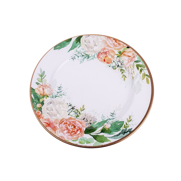 IRIS bádog tálca, kör alakú, virág mintás, metál, rosegold 33 x 1,5 cm
