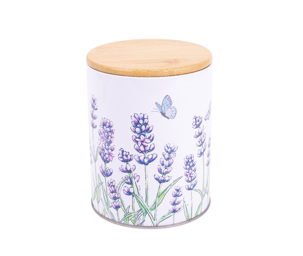 IRIS bádog tartó, tetővel, levendula mintás, fehér 11 x 14 cm