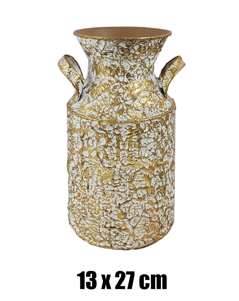 IRIS bádog váza, 2 füllel, arany, fehér nyomott mintás 13 x 27 cm