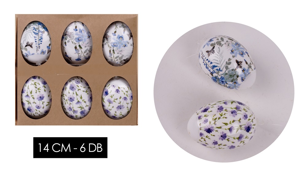 IRIS dekor műanyag tojás 6db virágos kék 14cm