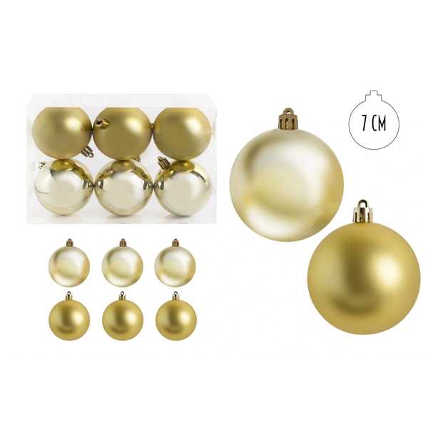 IRIS karácsonyi dísz  gömb, szettben, pvc dobozban, 6dbos, aranysárga 7 cm
