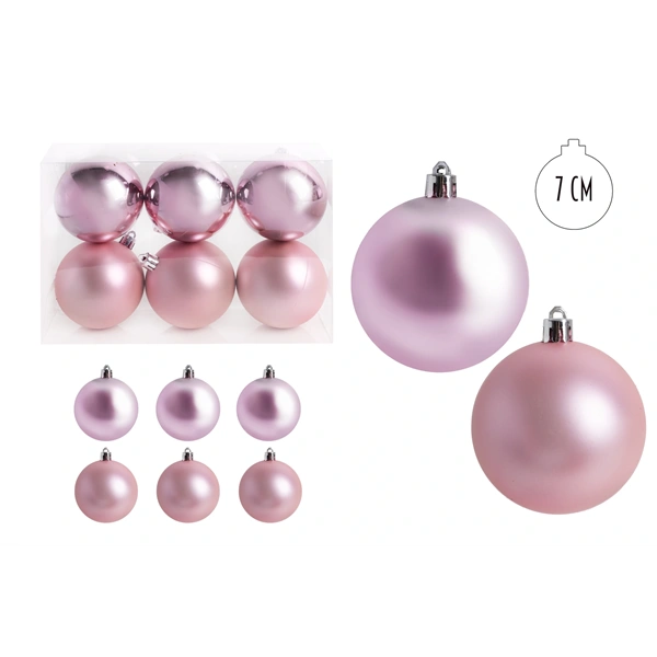 IRIS karácsonyi dísz  gömb, szettben, pvc dobozban, 6dbos, rózsaszín 7 cm