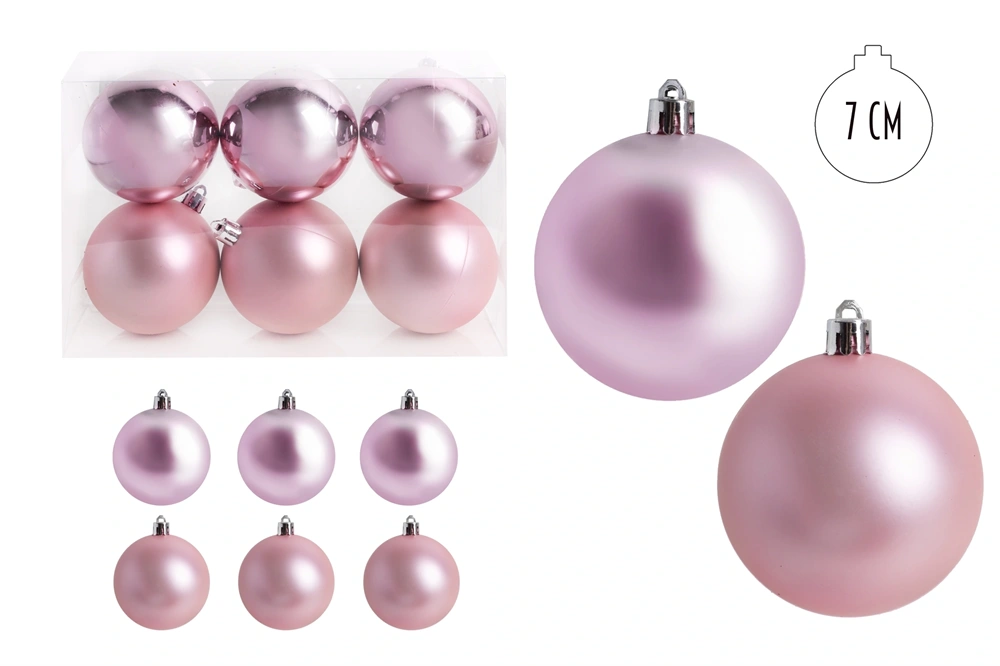 IRIS karácsonyi dísz  gömb, szettben, pvc dobozban, 6dbos, rózsaszín 7 cm