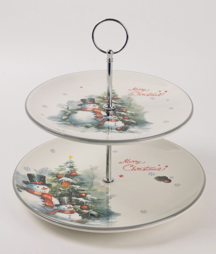 IRIS kerámia kínáló szett, 2 emeletes, hóemberek a karácsonyfa előtt, "merry christmas" felirat 26 cm