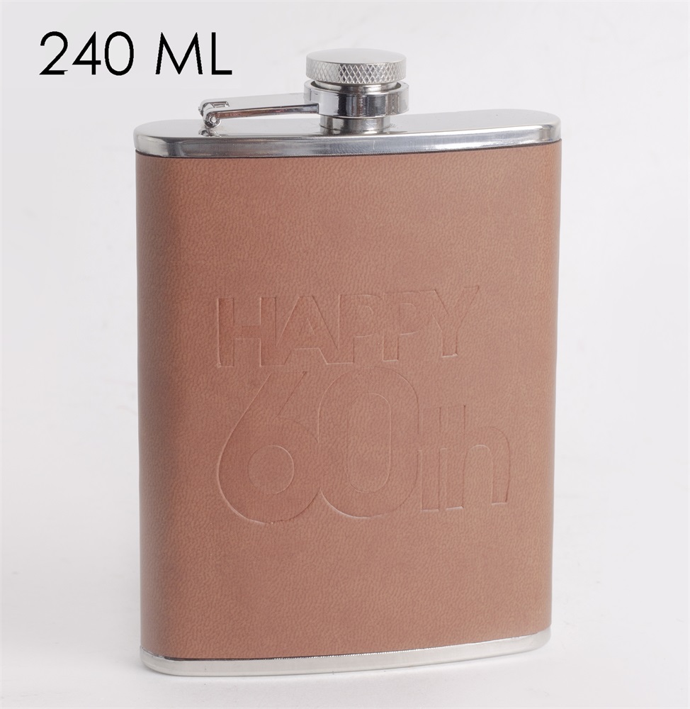 IRIS laposüveg, rozsdamentes acél, "happy 60th - boldog 60-at" felirat, barna műbőr 240ml