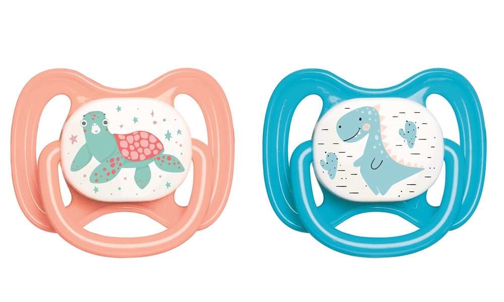 IRIS teknős vagy dinoszaurusz mintás cumi 6-12 hónapos babáknak, rószaszín vagy kék színű 161011-000