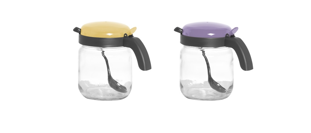IRIS üveg fűszertartó fogóval, kanállal 425ml, homok vagy lila színű 131042-580