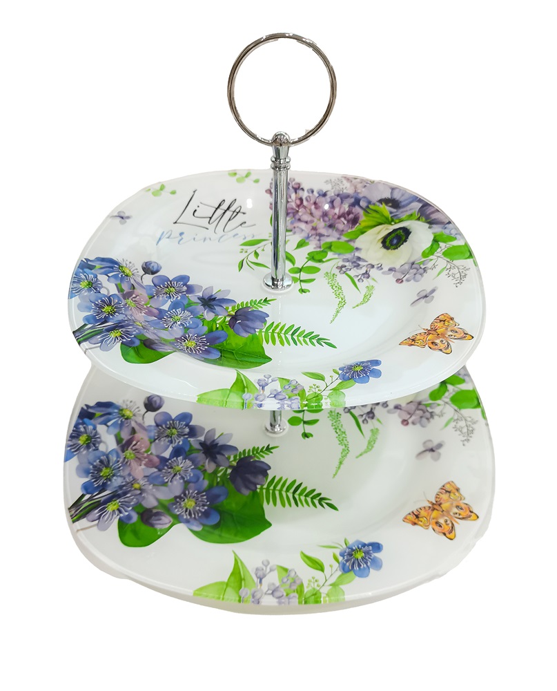 IRIS üveg sütikínáló, 2 részes, lila virágcsokor mintás 20+25cm
