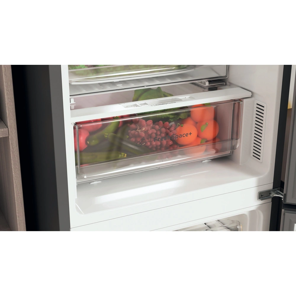 Indesit INFC9 TO32X inox, alulfagyasztós, Hűtő:263L, Fagyasztó:104L, Total No frost hűtőszekrény (Használt - B)