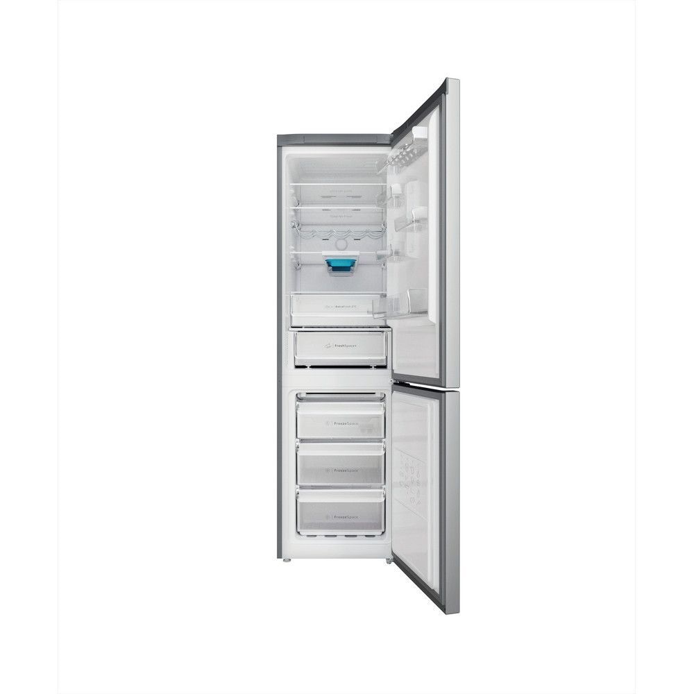 Indesit INFC9 TO32X inox, alulfagyasztós, Hűtő:263L, Fagyasztó:104L, Total No frost hűtőszekrény (Használt - B)