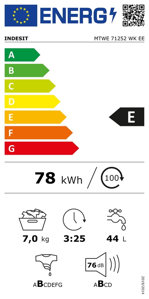 Indesit MTWE 71252 WK EE fehér, elöltöltős, max.1200ford., 7 kg, mosógép