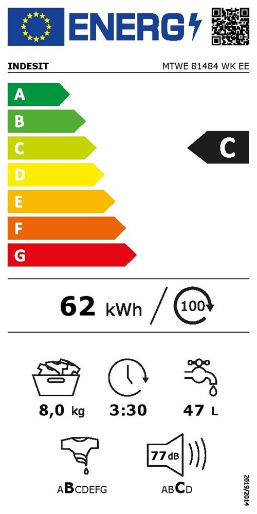 Indesit MTWE 81484 WK EE fehér, elöltöltős, max.1400ford., 8 kg, mosógép