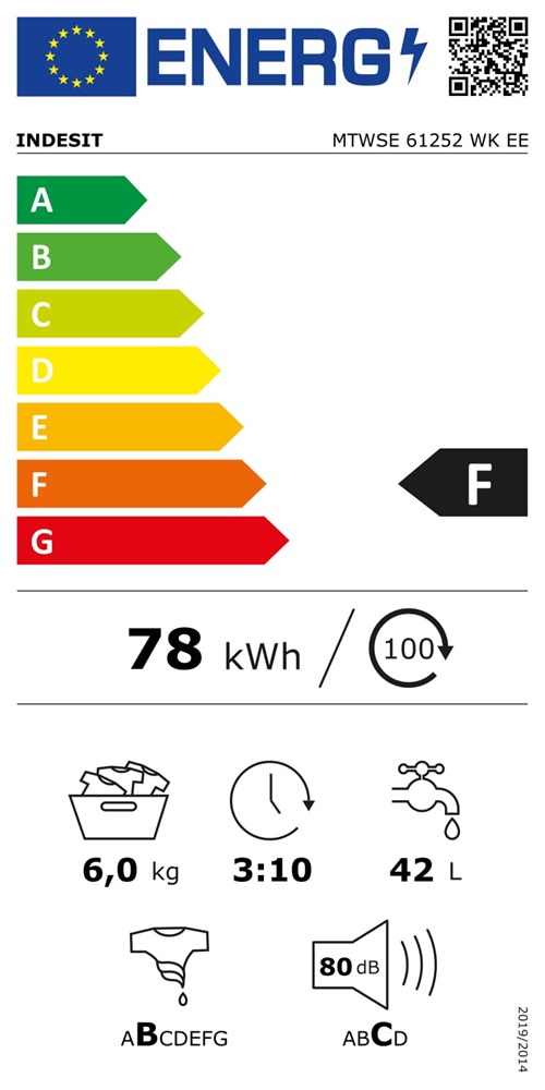 Indesit MTWSE 61252 WK EE fehér, elöltöltős, keskeny, max.1200ford., 6 kg, mosógép