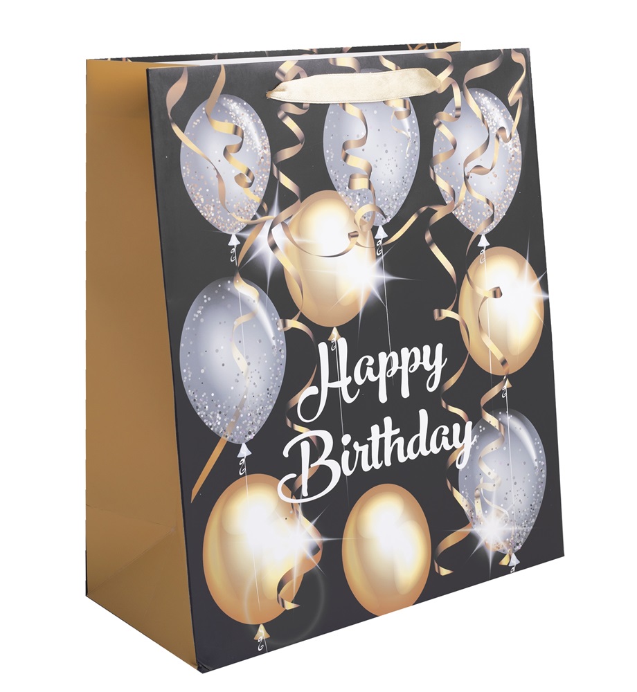 Iris papírtasak matt, "happy bithday" felirattal, fekete alapon, arany/ezüst lufik 18*23 cm