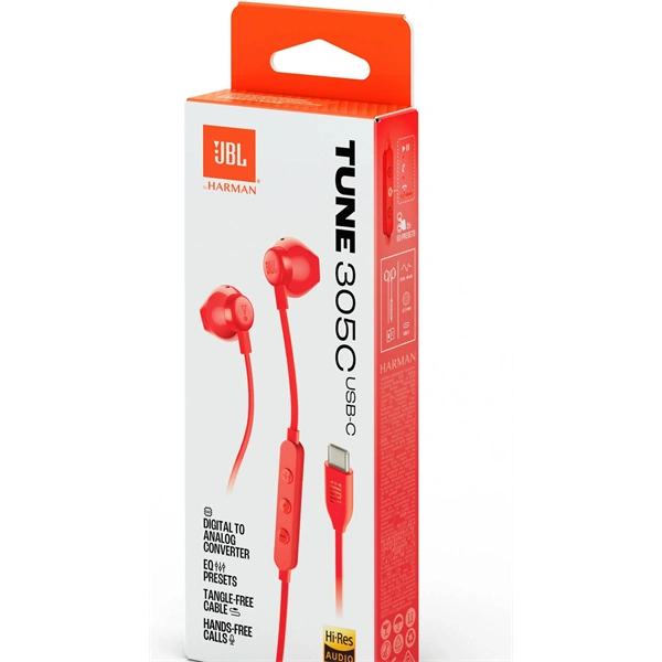 JBL T 305 C RED vezetékes USB C mikrofonos piros fülhallgató