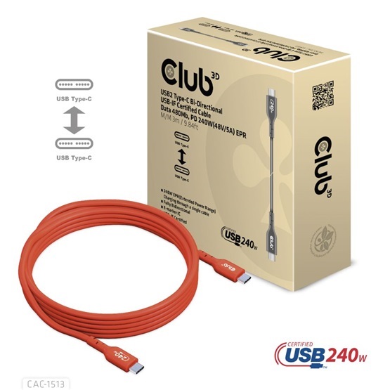 Club3D CAC-1513 3m USB2 Type-C 480Mb PD 240W adat- és töltőkábel