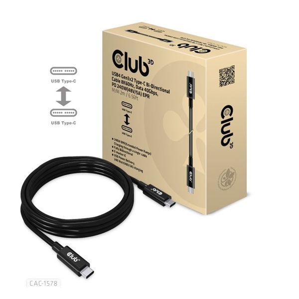 Club3D CAC-1578 2m USB4 Gen3x2 Type-C 40Gbps PD 240W adat- és töltőkábel