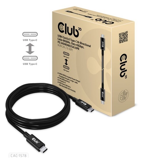 Club3D CAC-1578 2m USB4 Gen3x2 Type-C 40Gbps PD 240W adat- és töltőkábel