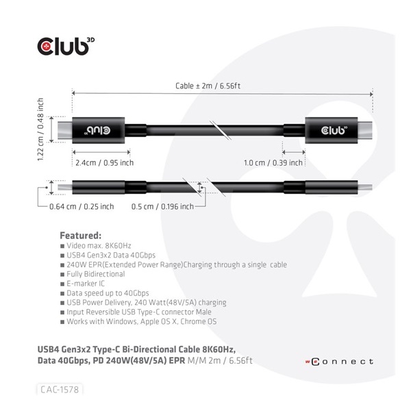Club3D CAC-1578 2m USB4 Gen3x2 Type-C 40Gbps PD 240W adat- és töltőkábel