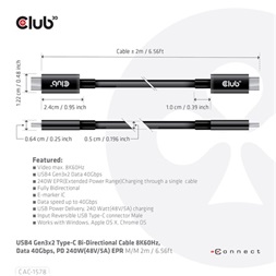 Club3D CAC-1578 2m USB4 Gen3x2 Type-C 40Gbps PD 240W adat- és töltőkábel
