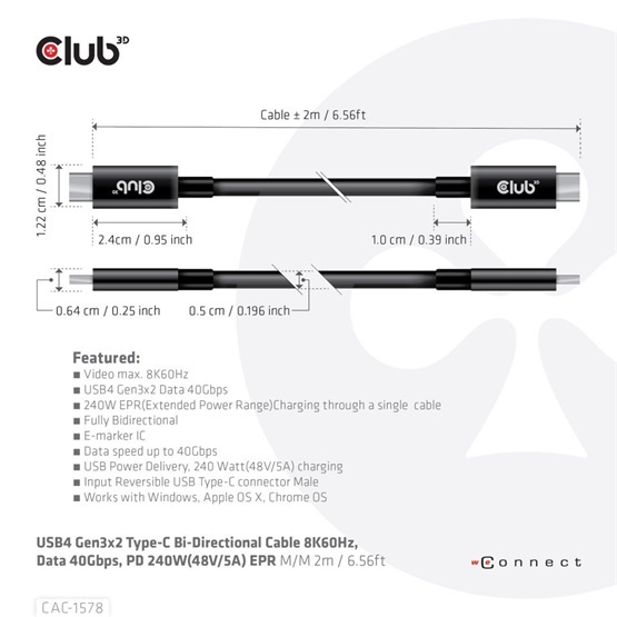Club3D CAC-1578 2m USB4 Gen3x2 Type-C 40Gbps PD 240W adat- és töltőkábel