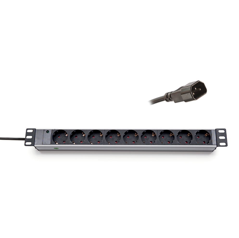 KE-Line 19" elosztópanel 9x230V Schuko aljzat, IEC320 C14 dugó, kontrol LED-del, 1U, 2,5m