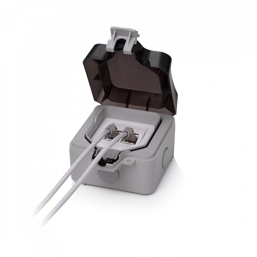 KE-Line 601166-AP Falon kívüli kültéri aljzat + 2x KEJ-C6A-S-HD KE-Line Cat6A 10Gigabit keystone csatlakozóval