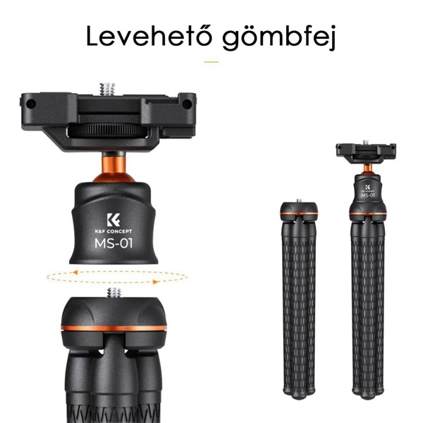 K&F Concept MS-01 hajlítható lábú állvány, gömbfejjel, bluetooth kioldóval