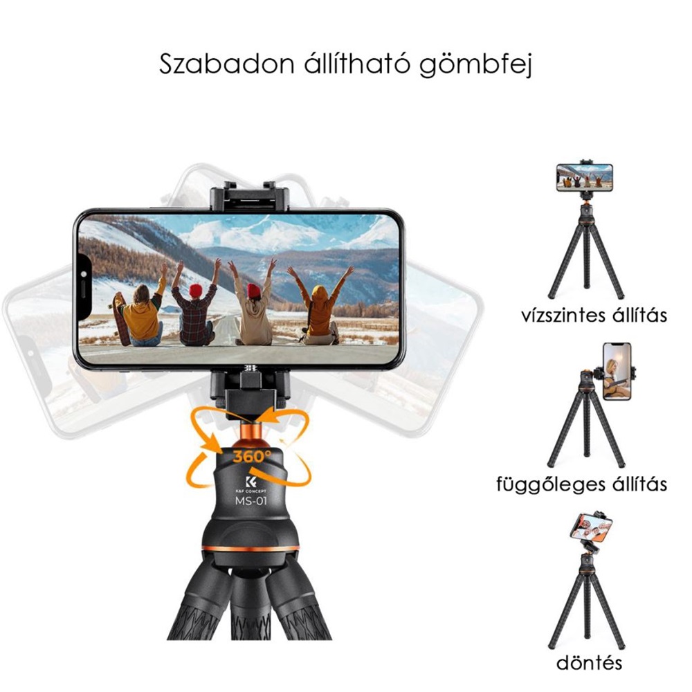 K&F Concept MS-01 hajlítható lábú állvány, gömbfejjel, bluetooth kioldóval