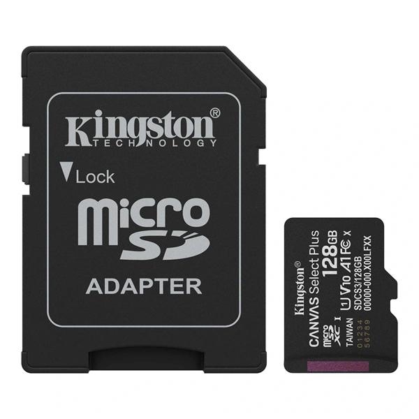 Kingston 128 SD micro Canvas Select Plus (SDXC Class 10 UHS-I U3) memória kártya adapterrel