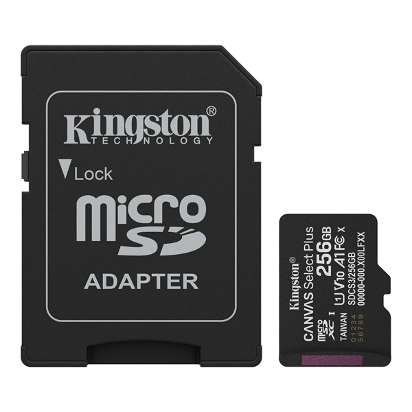 Kingston 256 SD micro Canvas Select Plus (SDXC Class 10 UHS-I U3) memória kártya adapterrel