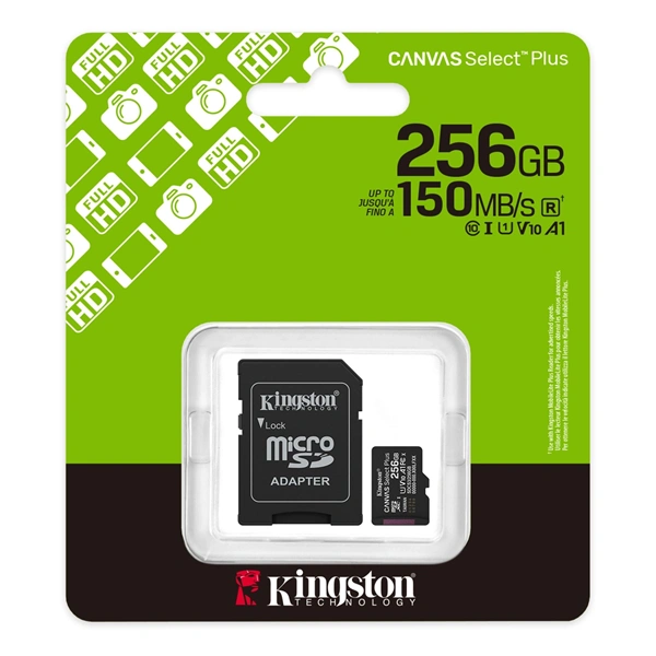 Kingston 256 SD micro Canvas Select Plus (SDXC Class 10 UHS-I U3) memória kártya adapterrel