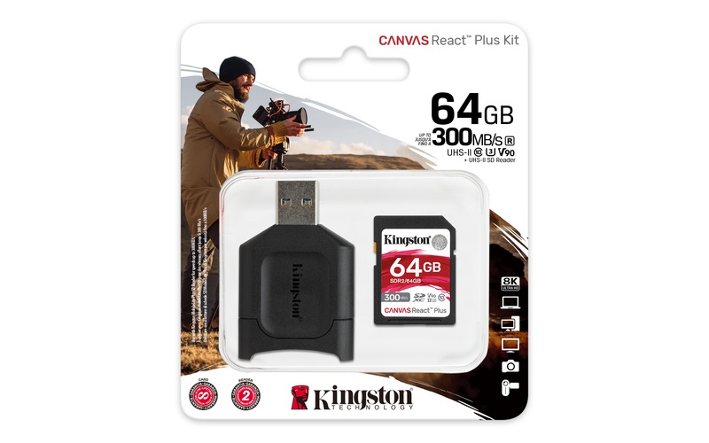 Kingston 64GB SD Canvas React Plus (SDXC Class 10 UHS-II U3) (MLPR2/64GB) memóriakártya + olvasó