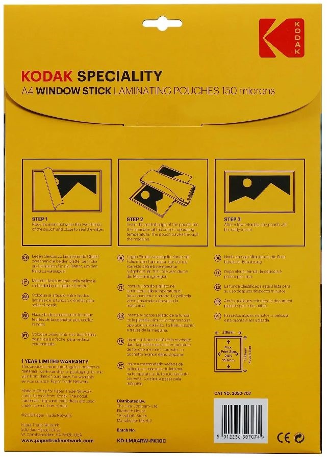 Kodak A4, 150 micron, 10 db/csomag üvegre tapadó fényes lamináló fólia