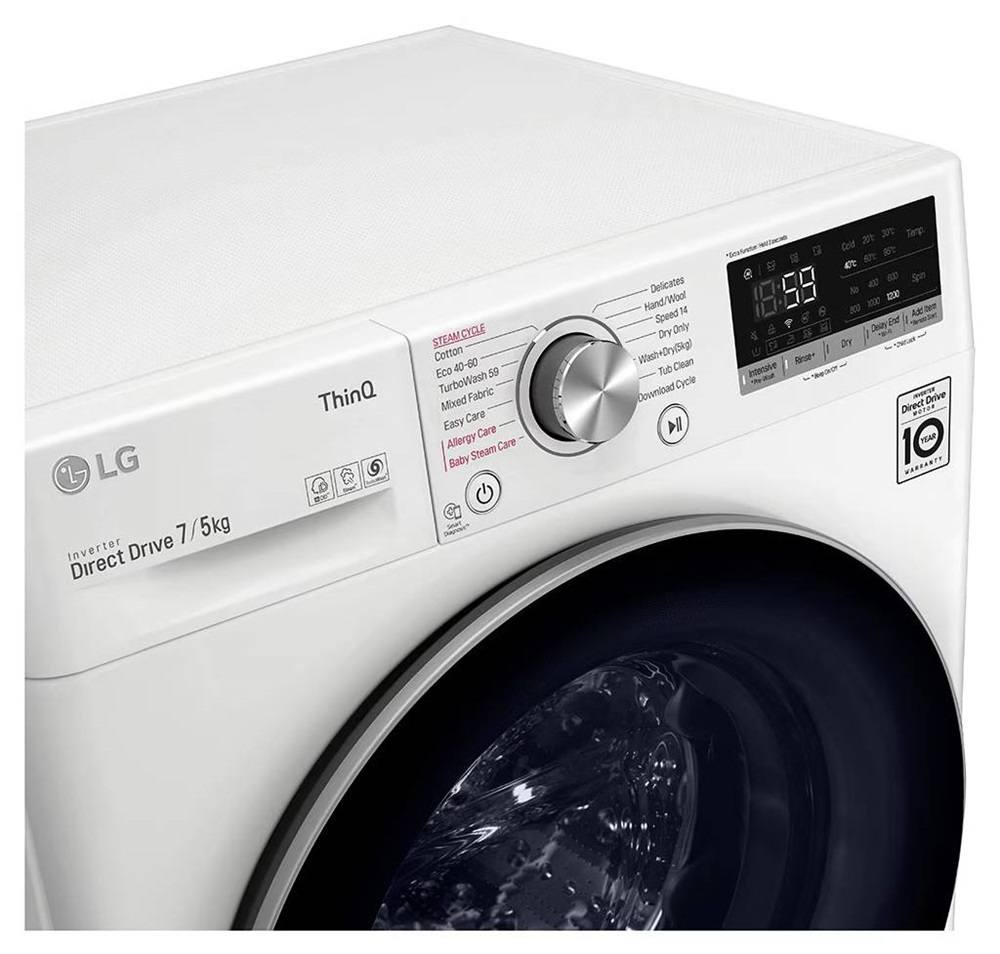 LG F2DV5S7S1E fehér, elöltöltős, keskeny, max.1200ford., 7 kg/5 kg, mosó-szárítógép