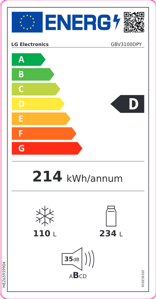 LG GBV3100DPY mattezüst, alulfagyasztós, Hűtő:234L, Fagyasztó:110L, DoorCooling hűtőszekrény