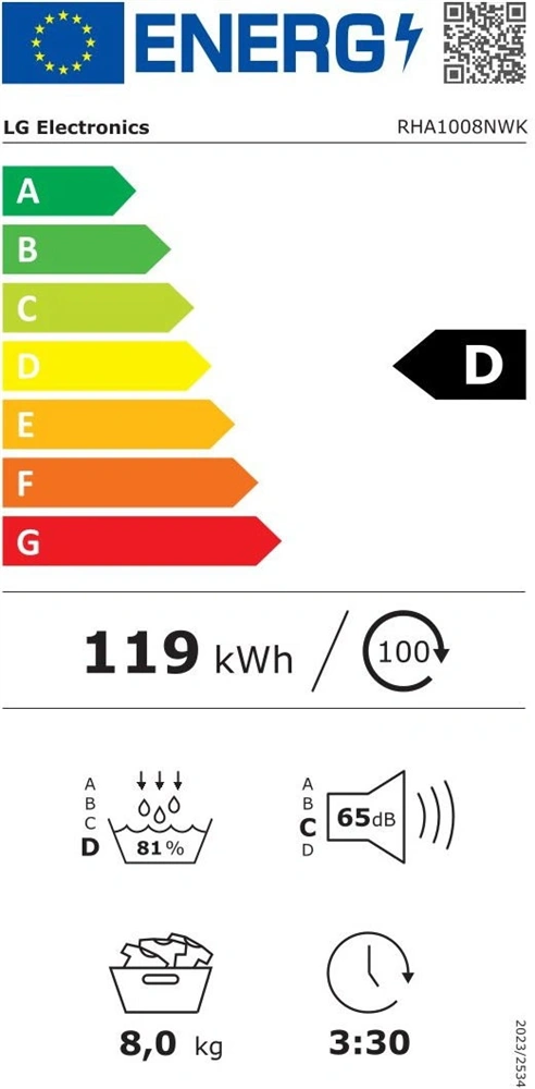 LG RHA1008NWK fehér, 8kg, hőszivattyús szárítógép