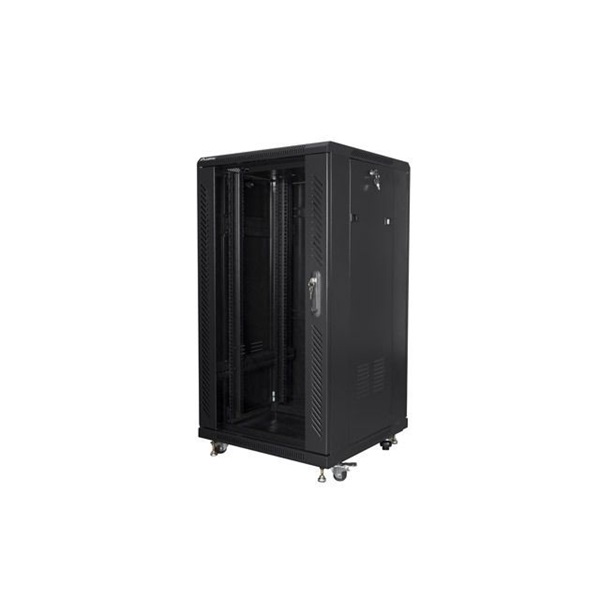 Lanberg 19" 22U SZÉL:600mm MÉLY:600mm MAG:1159mm lapraszerelt üvegajtós fekete rack szekrény (Újracsomagolt)