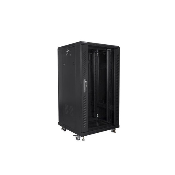 Lanberg 19" 22U SZÉL:600mm MÉLY:600mm MAG:1159mm lapraszerelt üvegajtós fekete rack szekrény (Újracsomagolt)