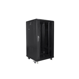 Lanberg 19" 22U SZÉL:600mm MÉLY:600mm MAG:1159mm lapraszerelt üvegajtós fekete rack szekrény (Újracsomagolt)