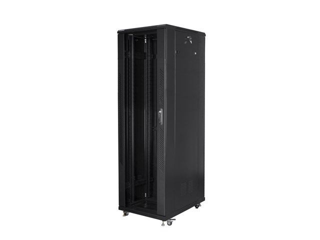 Lanberg FA01-8842-12B 42U SZÉL:800mm MÉLY:800mm MAG:2047mm összeszerelt üvegajtós fekete rack szekrény