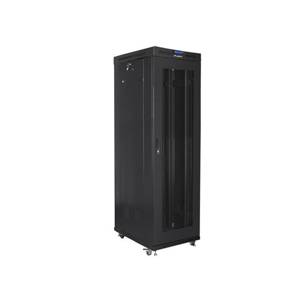 Lanberg FF01-6042-23BL 19" 27U SZÉL:600mm MÉLY:1200mm MAG:1438mm lapraszerelt LCD üvegajtós fekete rack szekrény